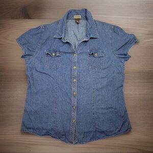 Bit & Bridle Womens M Button Front Short Sleeve Blue Cotton Denim Chambray Shirt